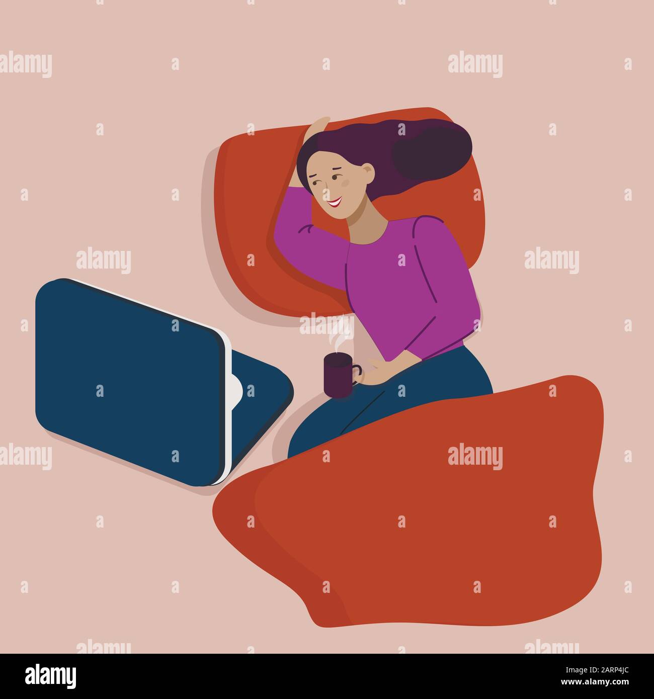 Vektor-Cartoon-Illustration von Jungen Frauen, die Tee oder Kaffee in ihrem Bett trinken und den Laptop überprüfen, Draufsicht Stock Vektor