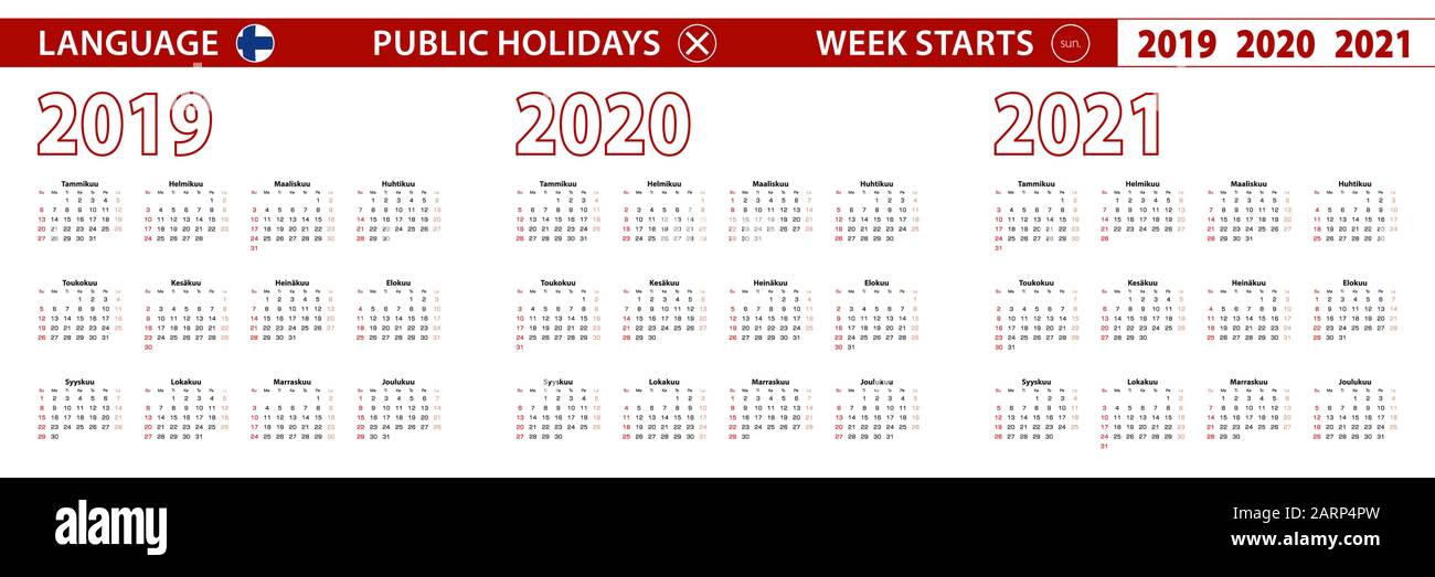 2019, 2020, 2021 Jahr Vektorkalender in finnischer Sprache, Woche beginnt am Sonntag. Vektorkalender. Stock Vektor