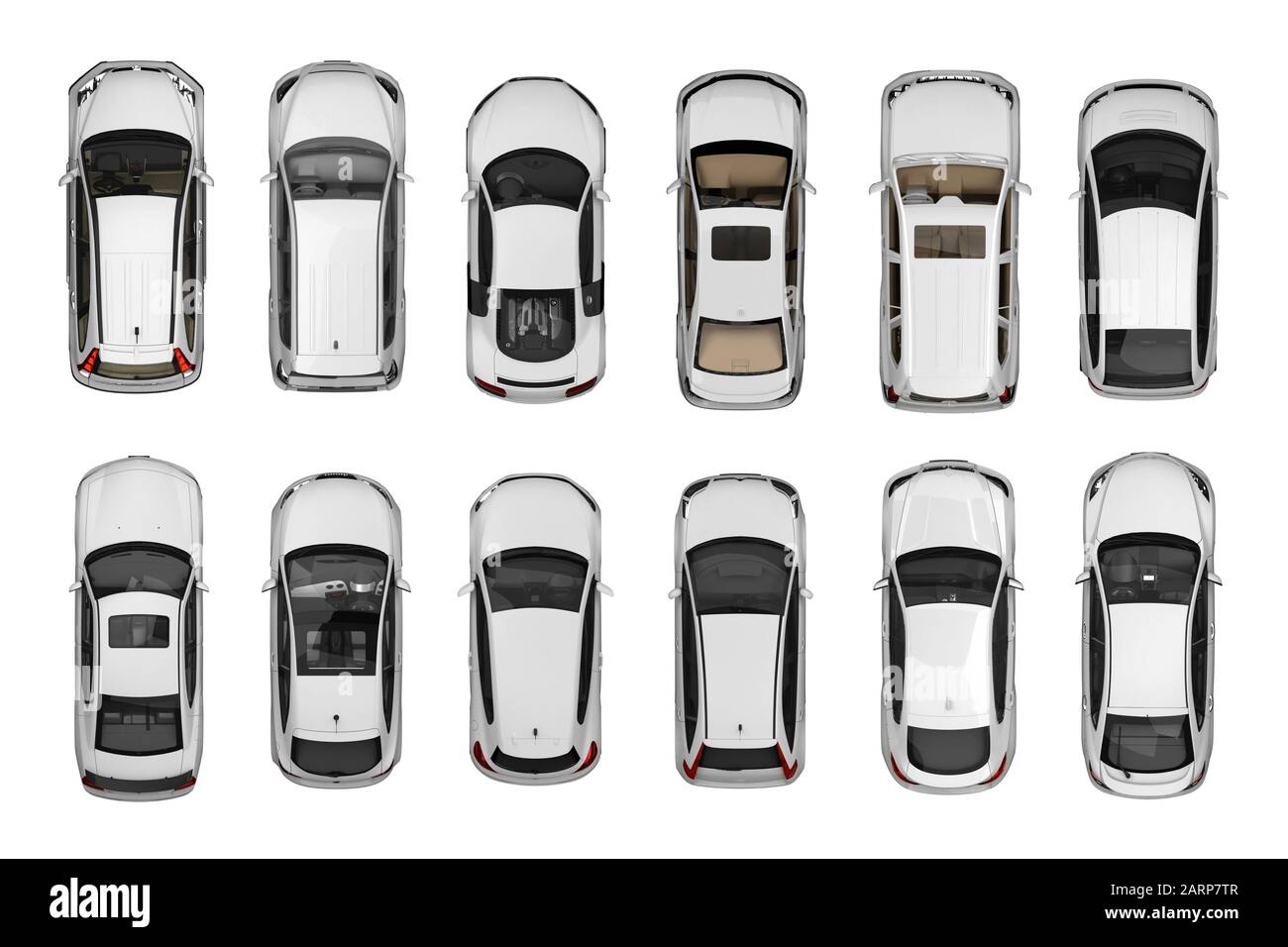 Satz weißer Autos isoliert auf weißer Draufsicht. 3D-Rendering Stockfoto