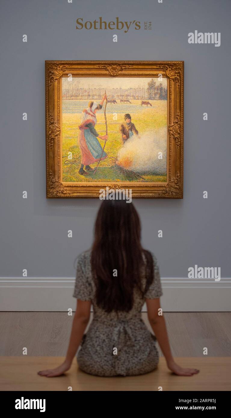 Sotheby's, London, Großbritannien. Januar 2020. Sotheby's Impressionist, Modern & Surrealist Art Sale Preview. Selten gesehene Werke von Pissarro, Signac, Van Gogh, Miró, Monet, Picasso, Léger, Kirchner & Chagall im Blick. Bild: Camille Pissarro. Gelée Blanche, Jeune Paysanne Faisant du Feu, im Jahr 1888. Schätzung £8.000.000-12.000.000. Kredit: Malcolm Park/Alamy Live News. Stockfoto