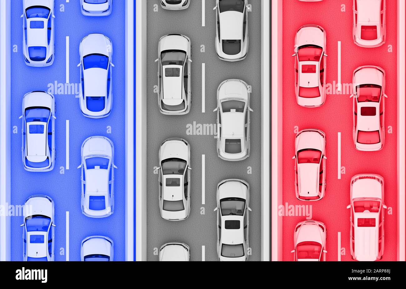 Streifen mit Autos in der Farbe der Flagge Frankreichs. 3D-Rendering Stockfoto