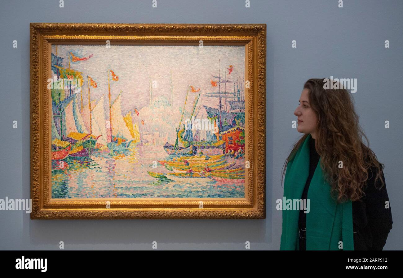 Sotheby's, London, Großbritannien. Januar 2020. Selten gesehene Werke von Pissarro, Signac, Van Gogh, Miró, Monet, Picasso, Léger, Kirchner & Chagall im Blick. Bild: Paul Signac. La Corne d'Or. Matin, 1907. Schätzung £5.000.000-7,000.000. Kredit: Malcolm Park/Alamy Live News. Stockfoto