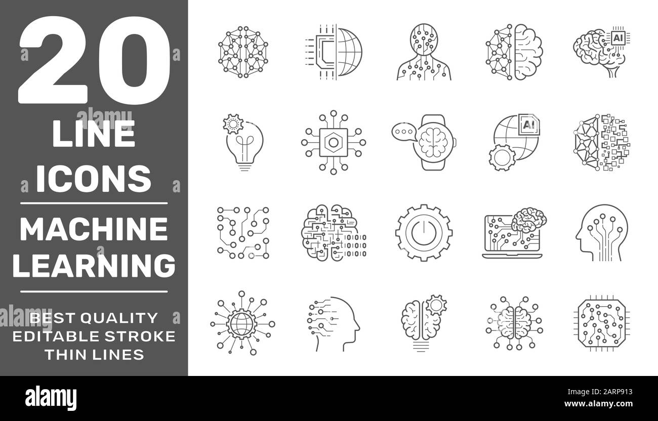 Moderne Thin-Line-Icons mit Datentechnik, maschinellen Lernprozessen und KI. Hochwertige Symbolsammlung. Vektorlogo Konzept, Web Stock Vektor