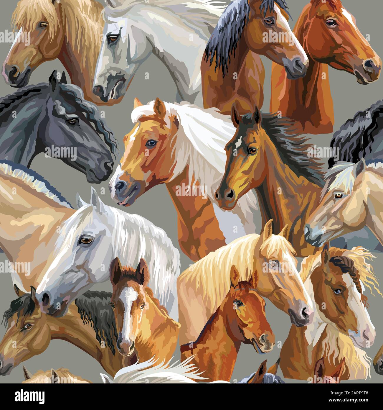 Buntes Vektor nahtloses Muster mit realistischen Porträts von Pferderassen. Vektor farbenfroher Hintergrund mit Porträts von Pferden. Abbildung ist gut Stock Vektor