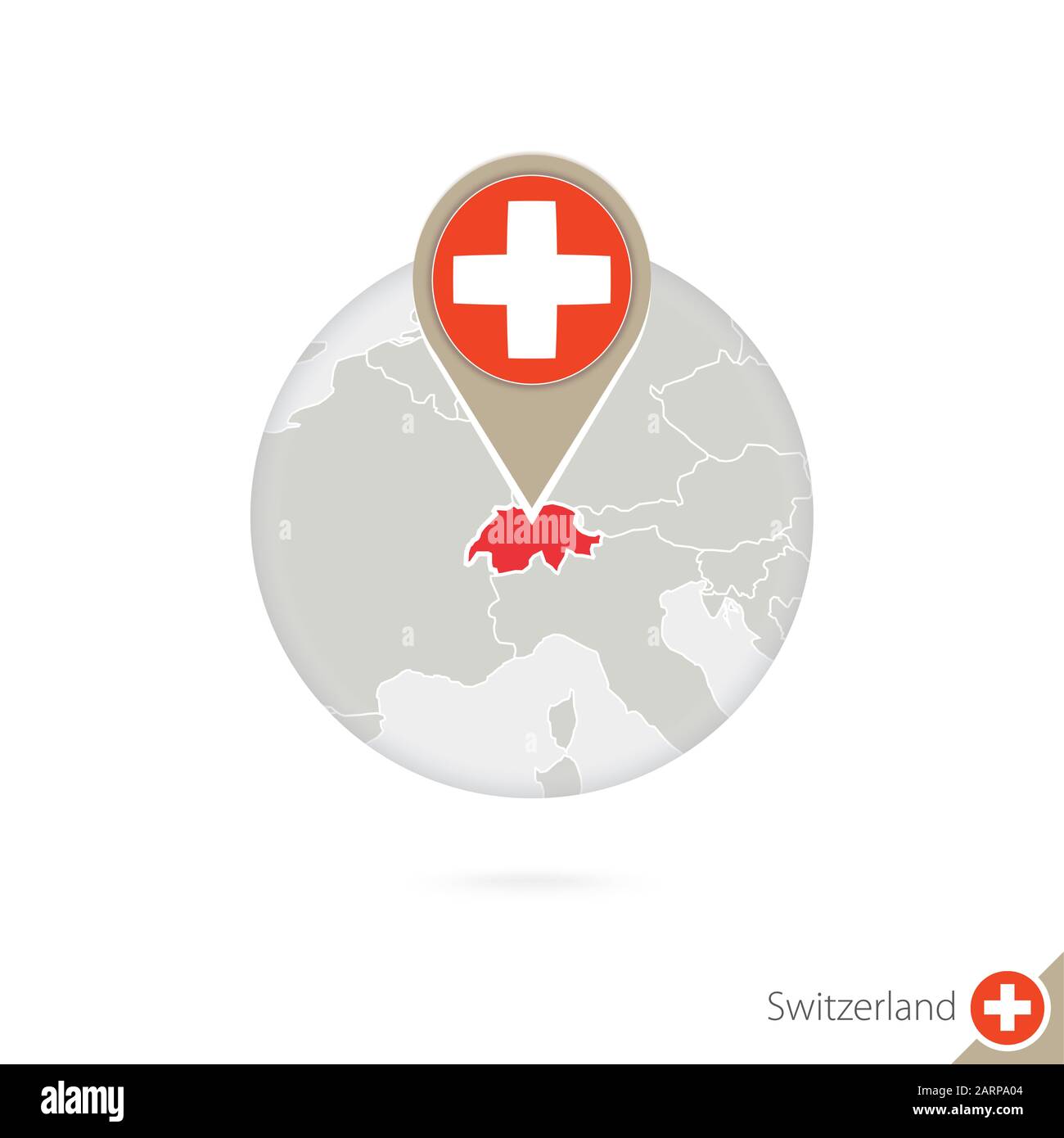 Karte und Flagge der Schweiz im Kreis. Karte der Schweiz, Flaggenstift  Schweiz. Karte der Schweiz im Stil des Globus. Vektorgrafiken  Stock-Vektorgrafik - Alamy