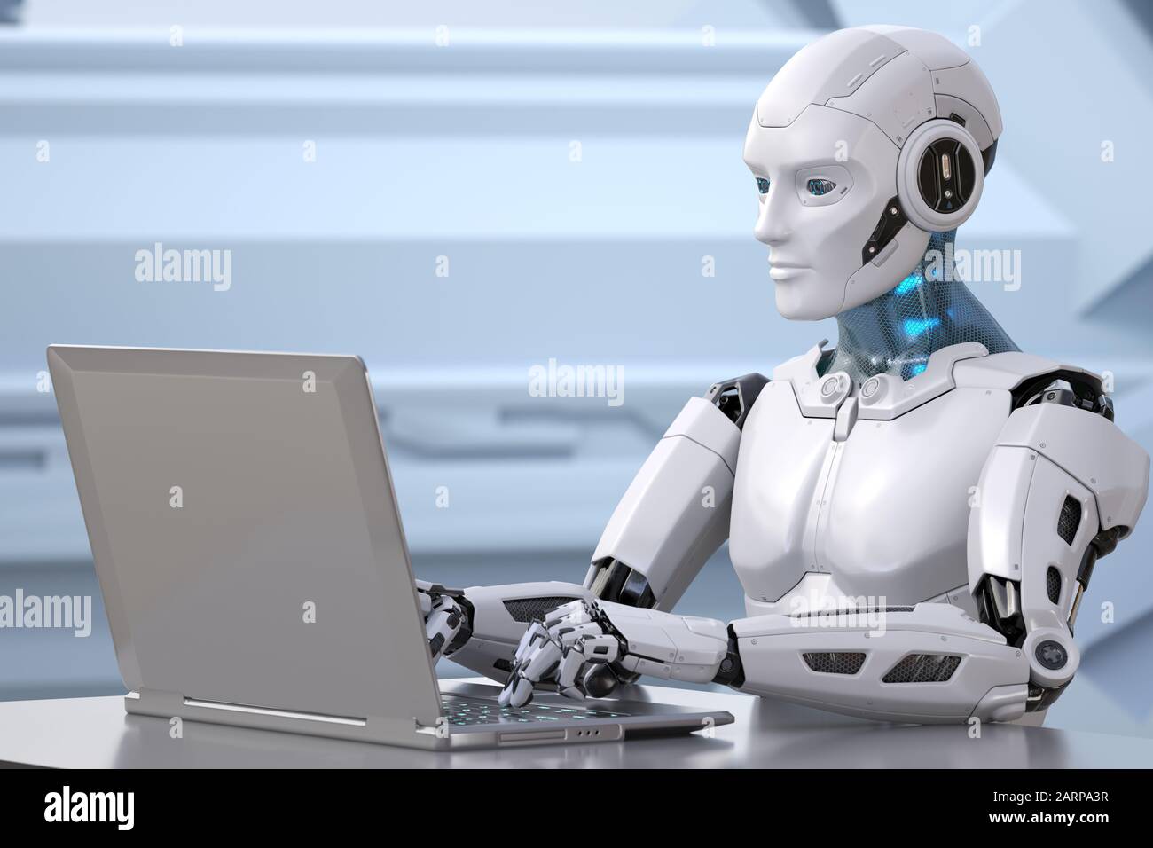 Der Roboter arbeitet mit einem Laptop. 3D-Abbildung Stockfoto