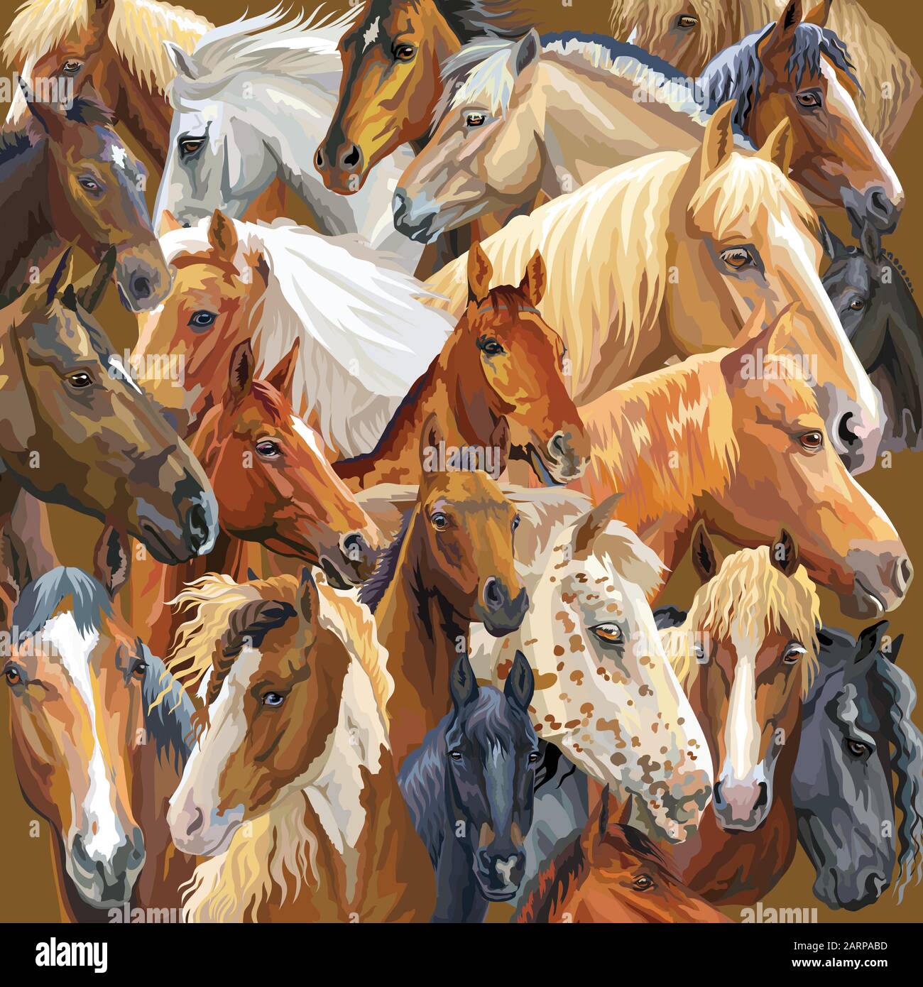 Buntes Vektormuster mit realistischen Porträts von Pferderassen. Vektor farbenfroher Hintergrund mit Porträts von Pferden. Abbildung ist gut für Postc Stock Vektor