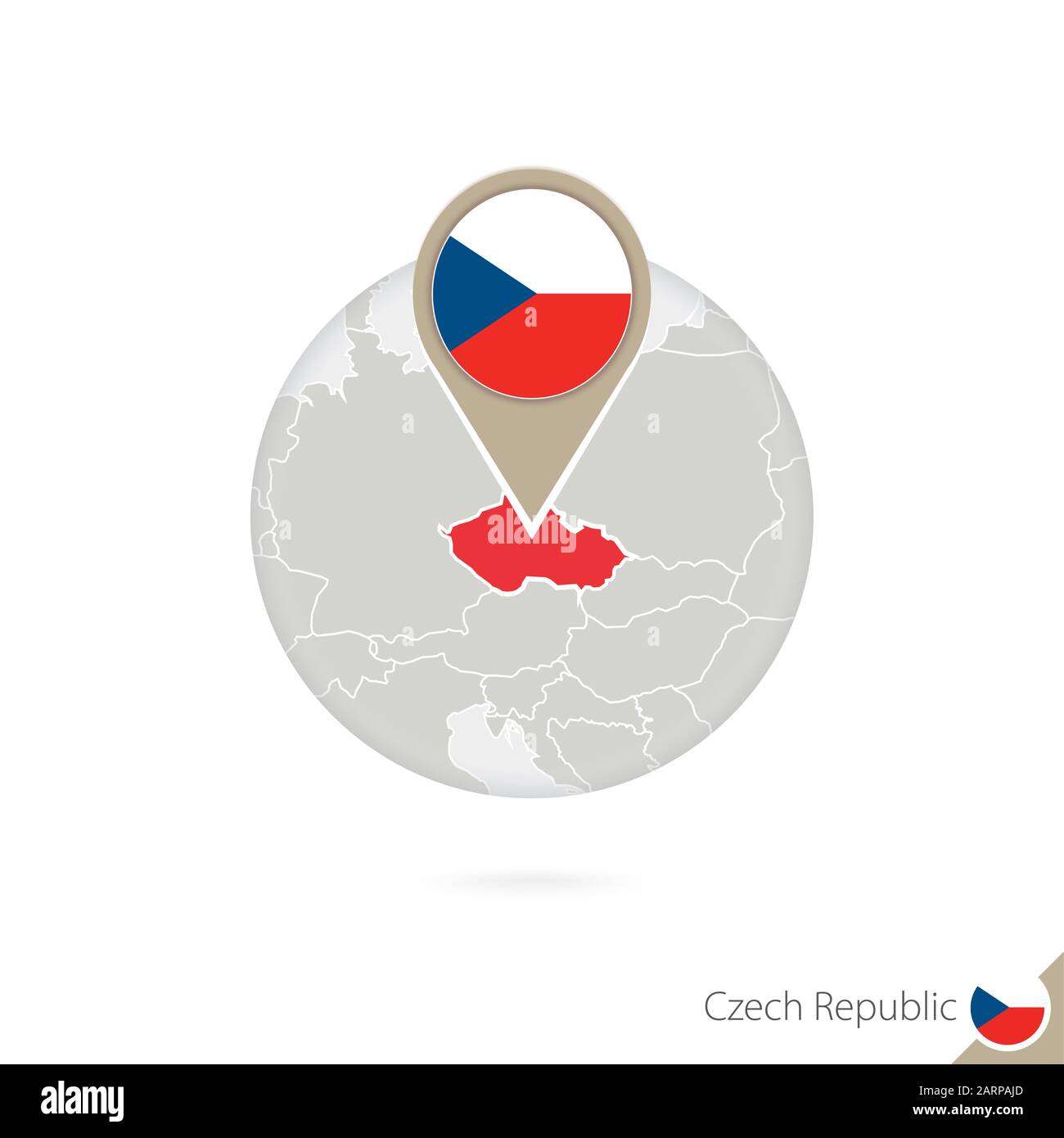 Karte und Flagge der Tschechischen Republik im Kreis. Karte der Tschechischen Republik, Flaggenstift der Tschechischen Republik. Karte der Tschechischen Republik im Stil der Weltkugel. Vektor Illustrr Stock Vektor