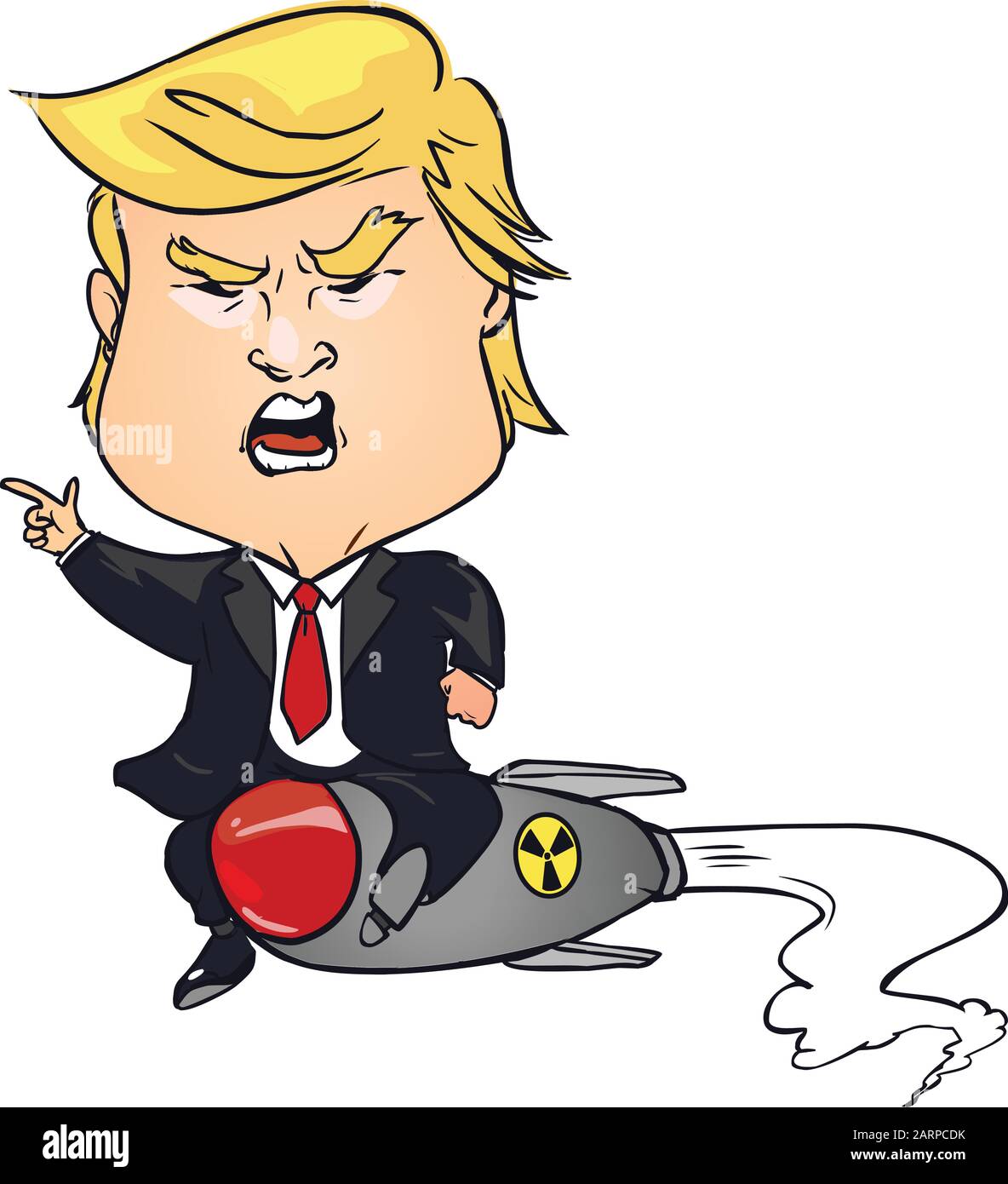 Donald trumpft auf dem Vektorbild des Zeichentrickfilms von Atomraketen Stock Vektor