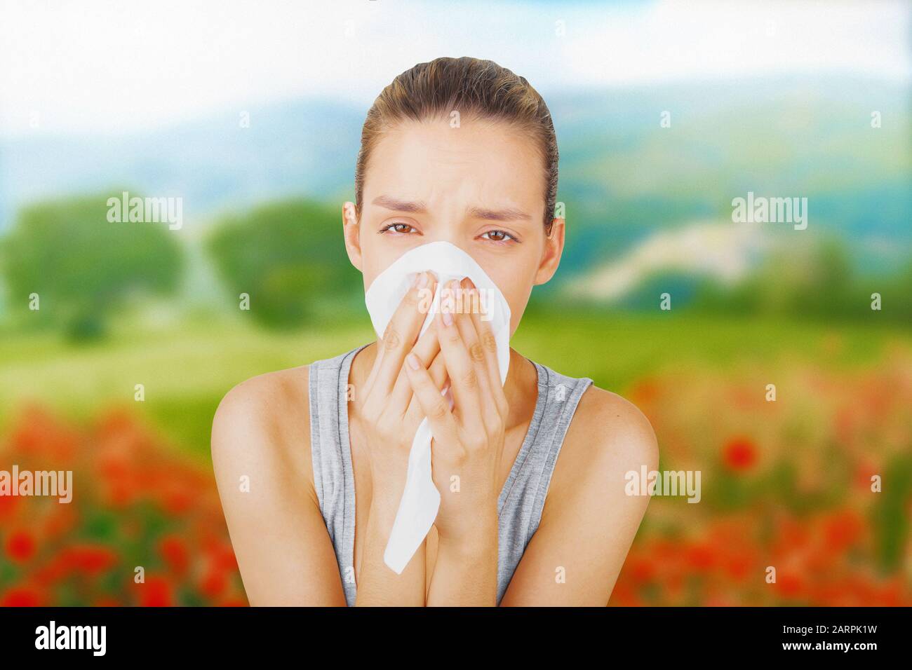Frau mit mit Allergie Symptom blasen Nase Stockfoto