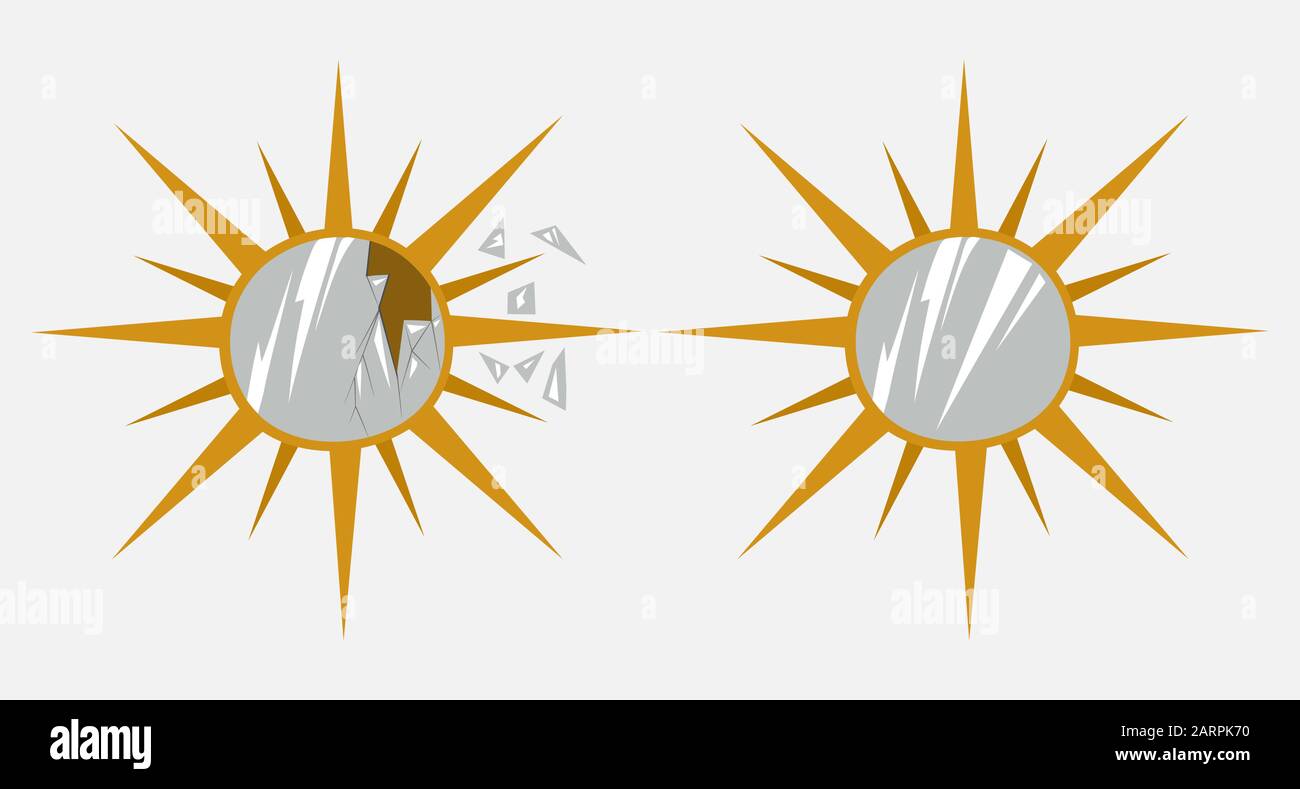 Zerbrochene Wandspiegel in Form der Sonne mit Strahlen, scharfe Bruchstücke isoliert auf einem Weiß Stock Vektor