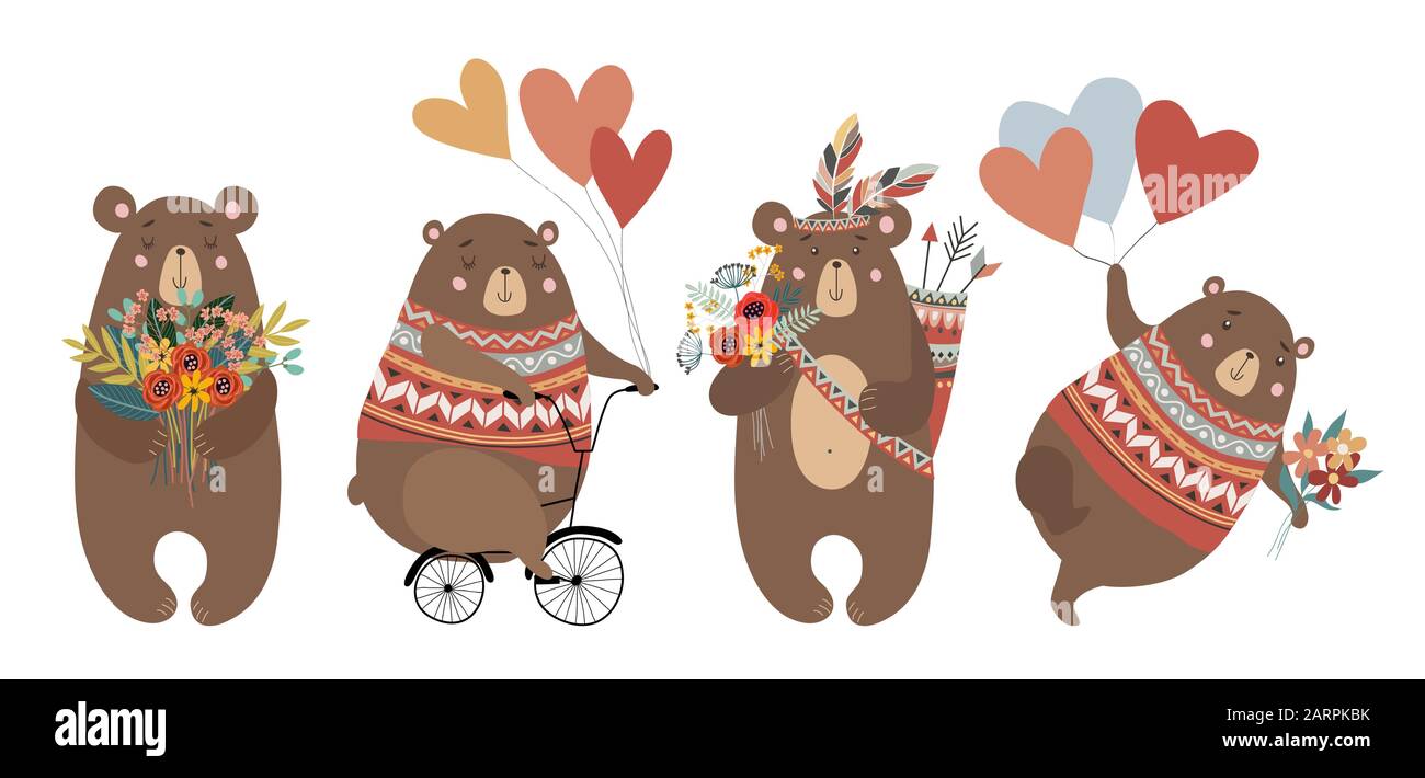 Handgezeichnete, niedliche Bären: Auf dem Fahrrad, mit Blumenstrauß, Federn und Ballons für Dekorationskarten oder Poster. Kindlicher Vektor Stock Vektor