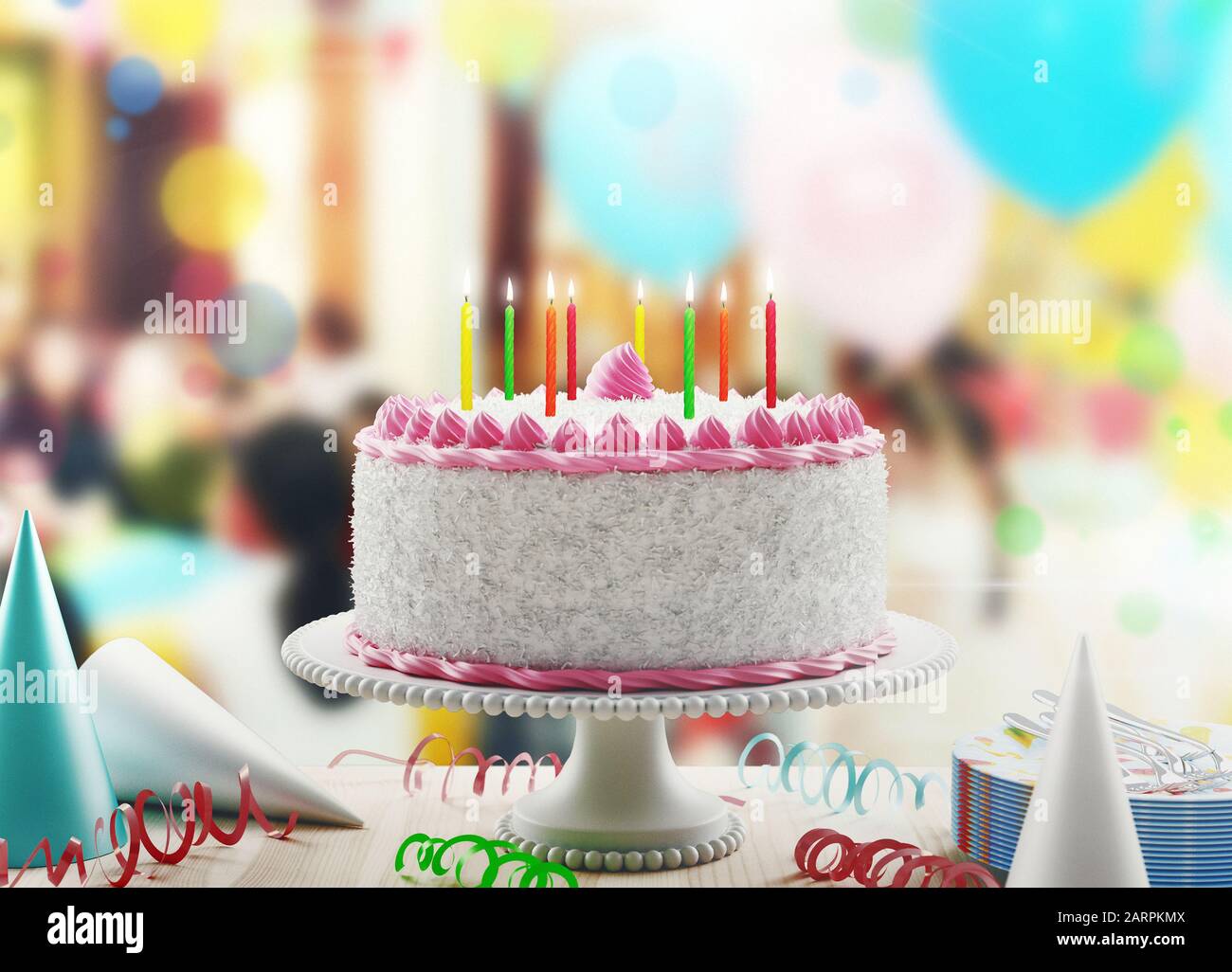 Geburtstagskuchen mit Kerzen auf Farbhintergrund, 3D-Rendering Stockfoto