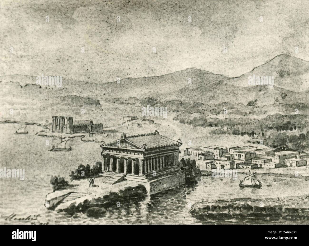 Griechische Tempel am Meer, Zeichnung Stockfoto