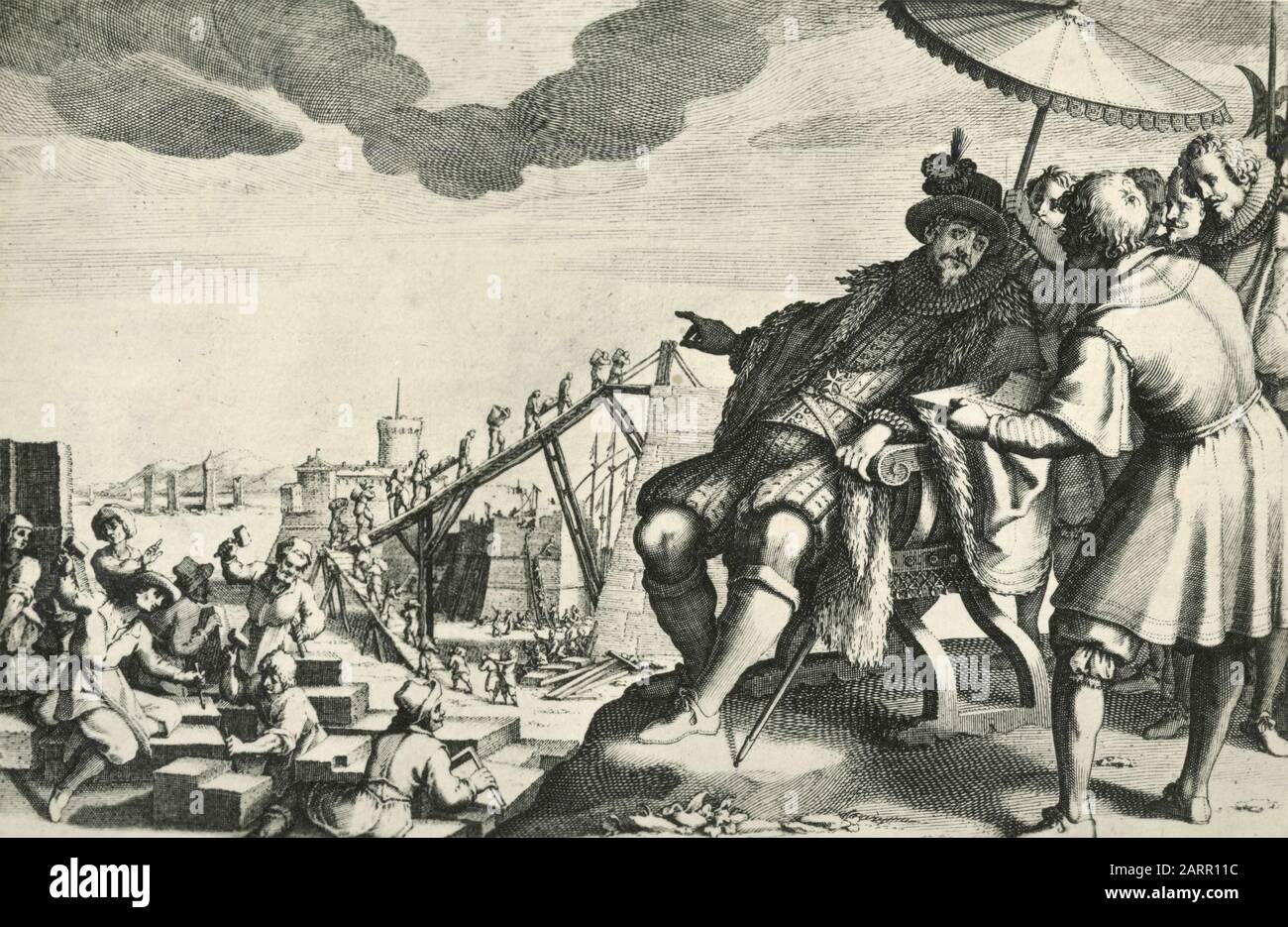Der Großfürst Stärkt den Hafen von Livorno, das Leben von Ferdinando i de' Medici, die Gravur des französischen Künstlers Jacques Callot, den 1920er Jahren Stockfoto