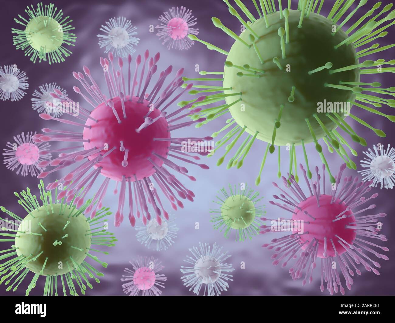 3D-Rendering von mikroskopischen Bildern tödlicher Coronavirus-Partikel Stockfoto