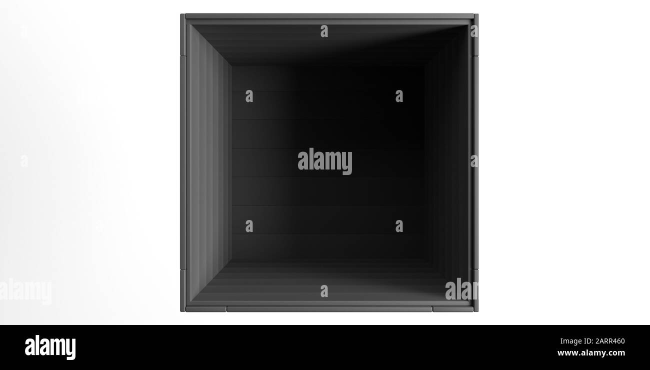 Kiste öffnet einen Ausschnitt, der vor weißem Hintergrund isoliert ist. Leere Holzkiste Behälter schwarz für Transport, Versand, Draufsicht. 3D-Abbildung Stockfoto