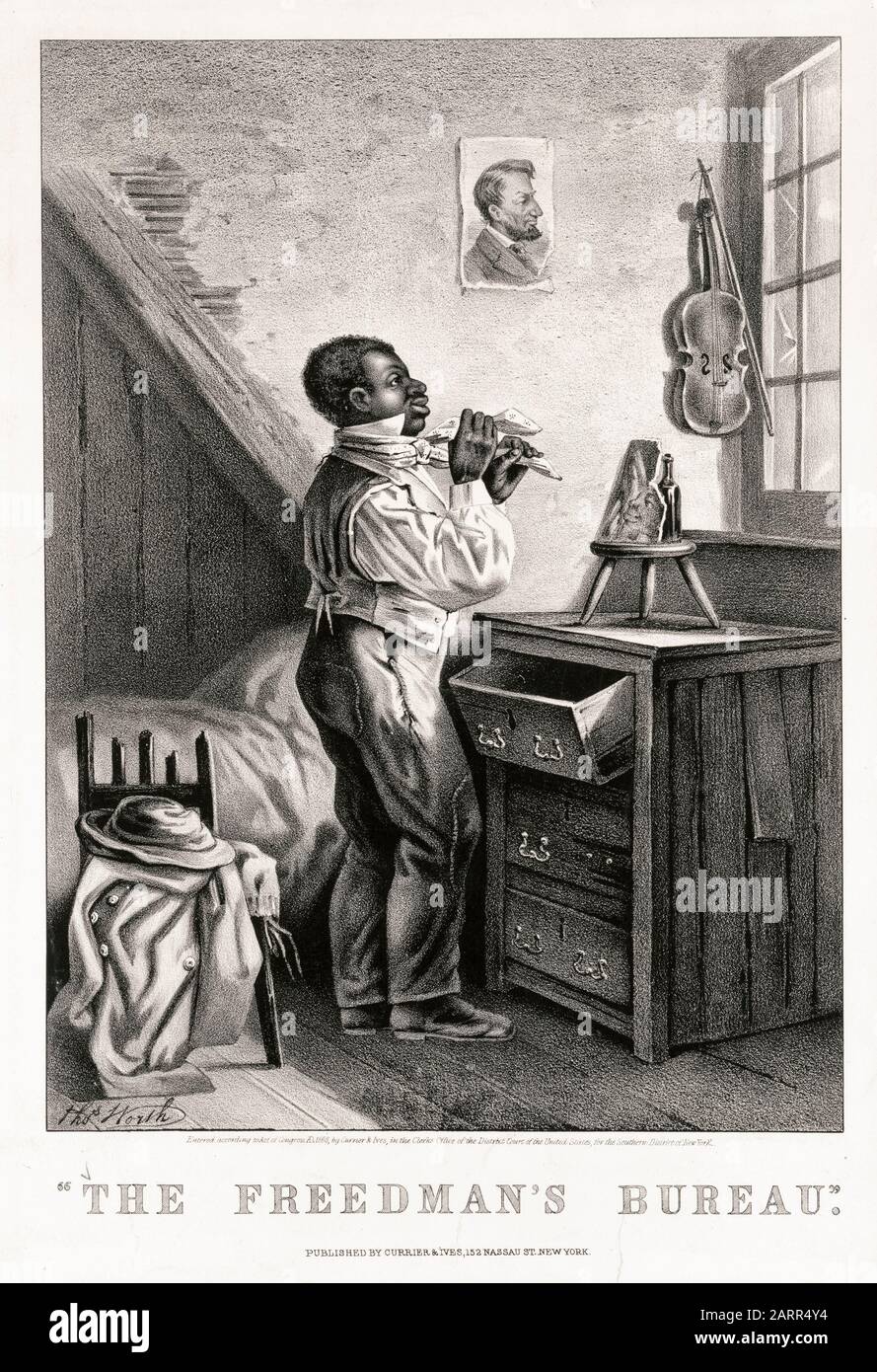 Das Freedman's Bureau, ein freigelassener afroamerikanischer Sklaven, der ein Nektschentuch bindet, druckt etwa ab dem Jahr 1868 Stockfoto