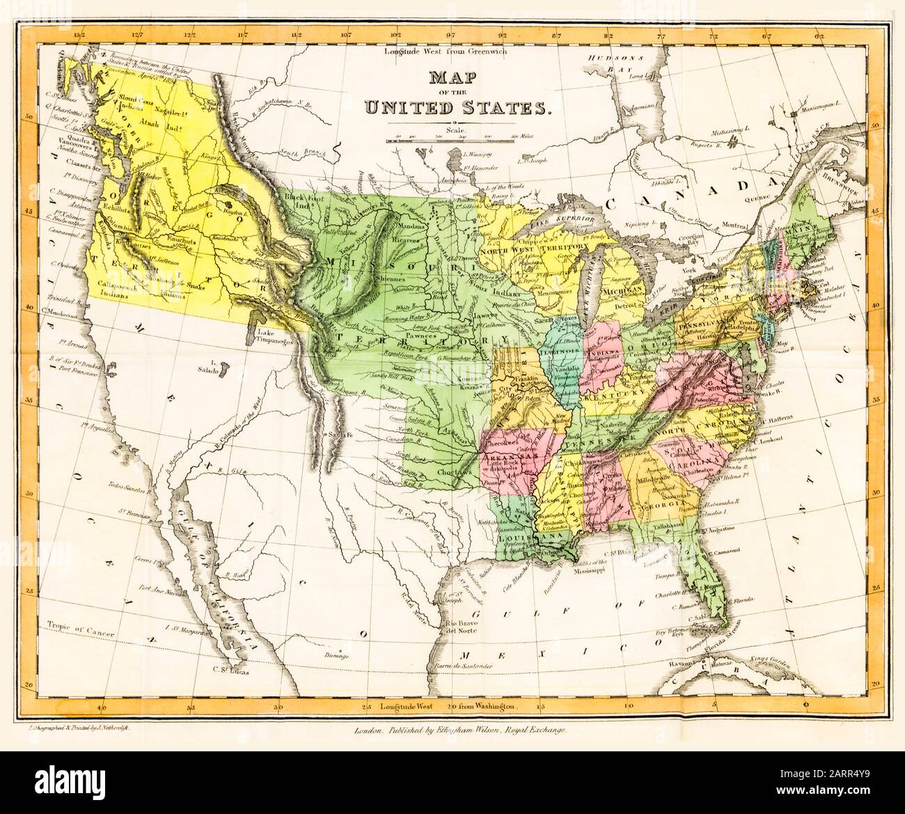 Karte der Vereinigten Staaten von Amerika in den 1830er Jahren, veröffentlicht im Jahr 1830er Jahre Stockfoto