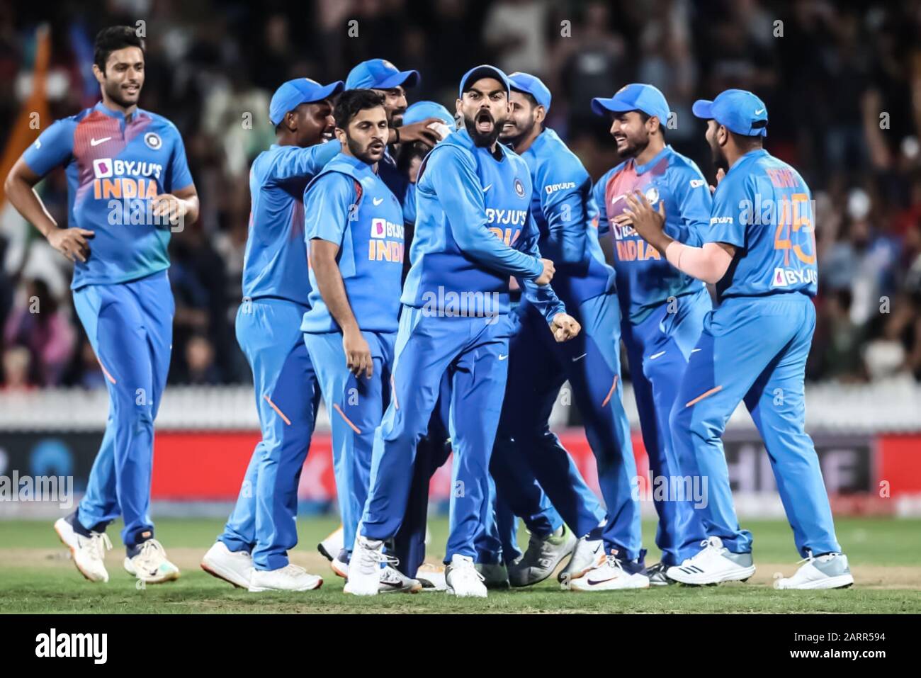 Hamilton, Neuseeland. Januar 2020: Indien besiegte Neuseeland im dritten T20 International via Super Over, um am Mittwoch eine unangreifbare 3:0-Führung in der Fünf-Match-Serie in Hamilton zu übernehmen. Kredit: Phil Walter / Alamy Live News Stockfoto