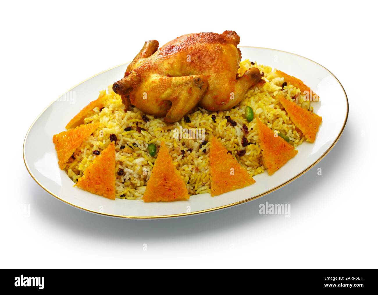 Zereshk Polo BA morgh, Barberry-Reis mit Safranhuhn, iranische persische Küche Stockfoto