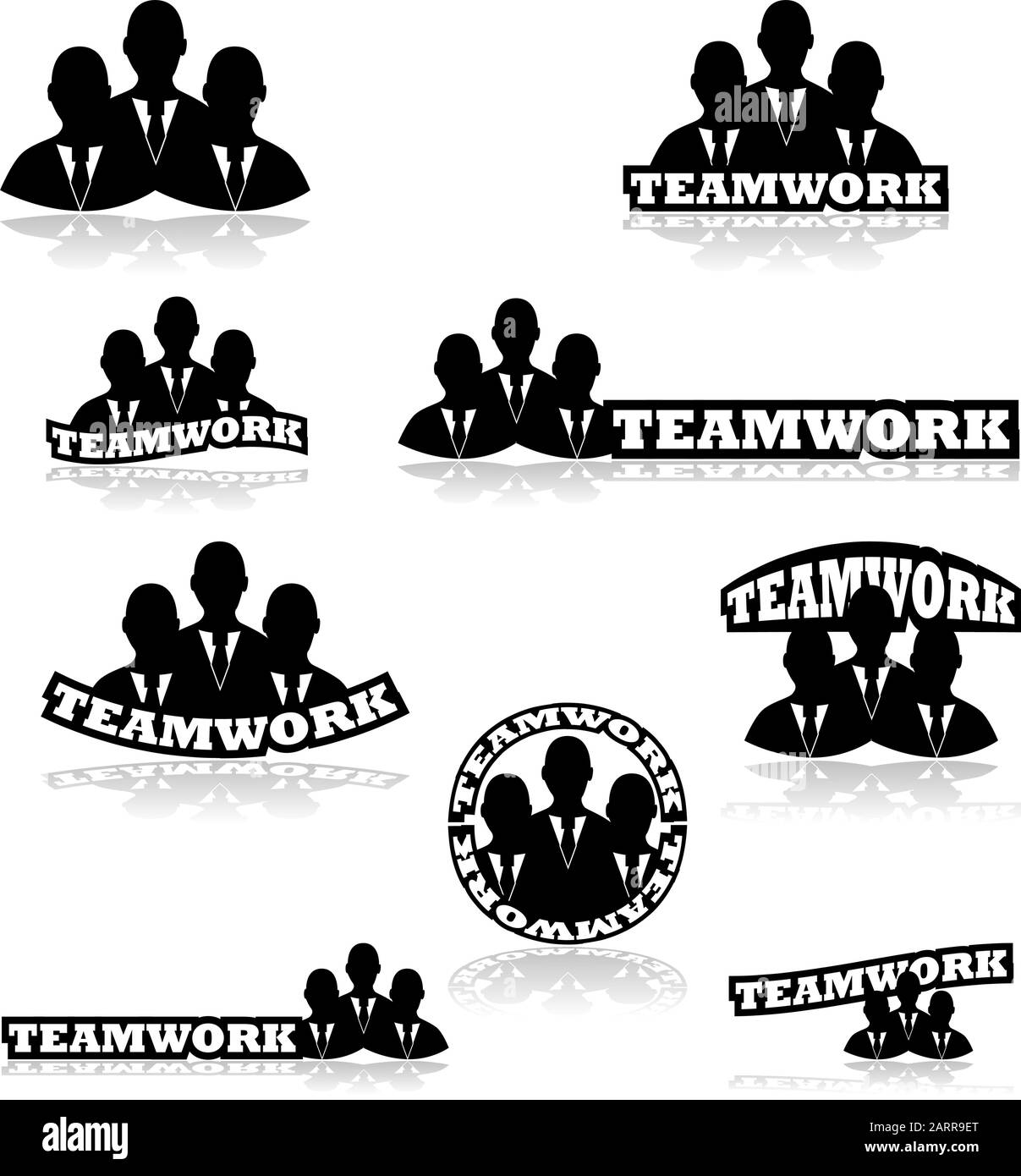 Symbolsatz zeigt drei Geschäftsleute, kombiniert mit verschiedenen Variationen des Wortes Teamarbeit Stock Vektor