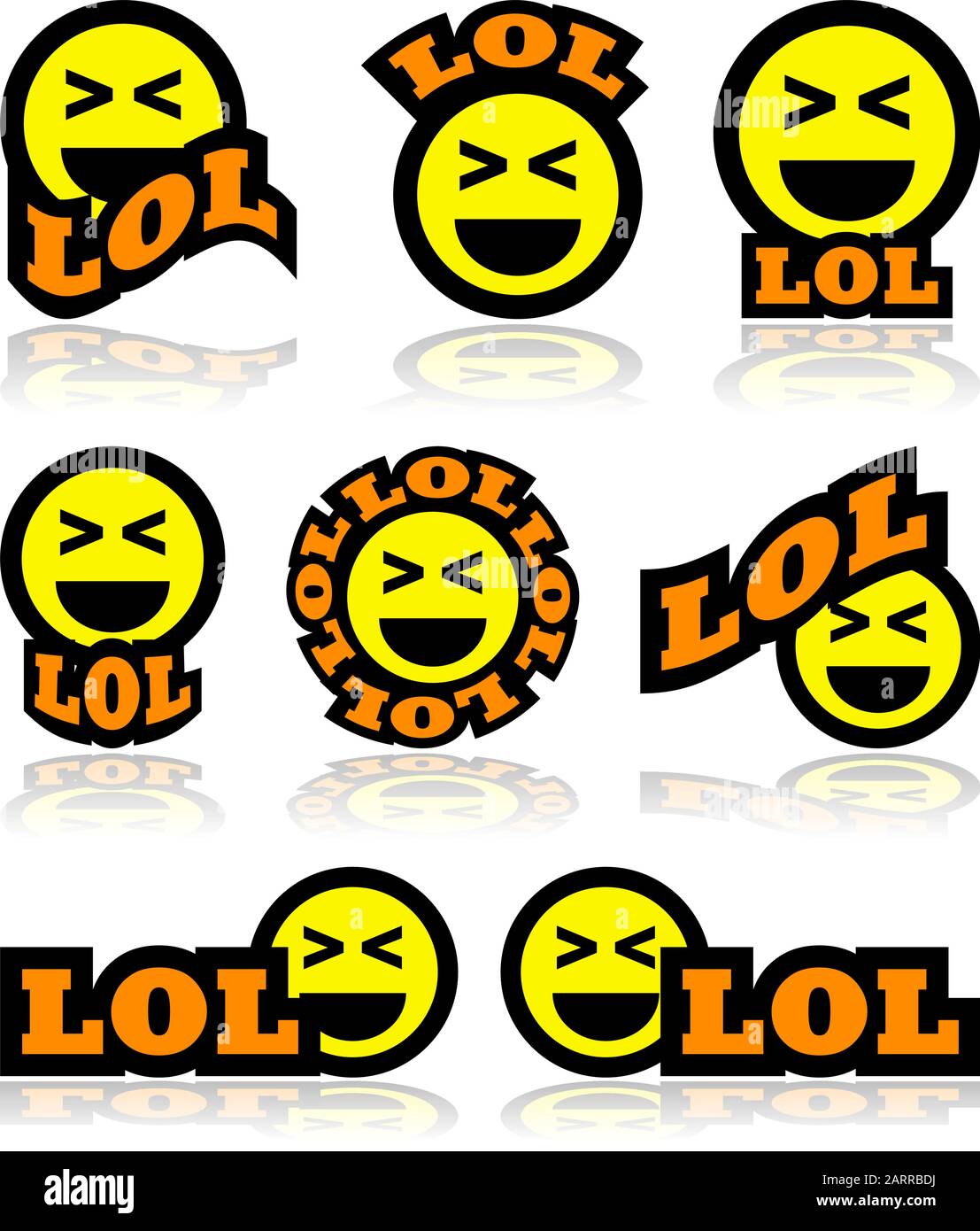 Iconsatz, das ein Gesicht zeigt, das hart lachen, kombiniert mit verschiedenen Darstellungen des Akronyms LOL, um Laut Zu Lachen Stock Vektor