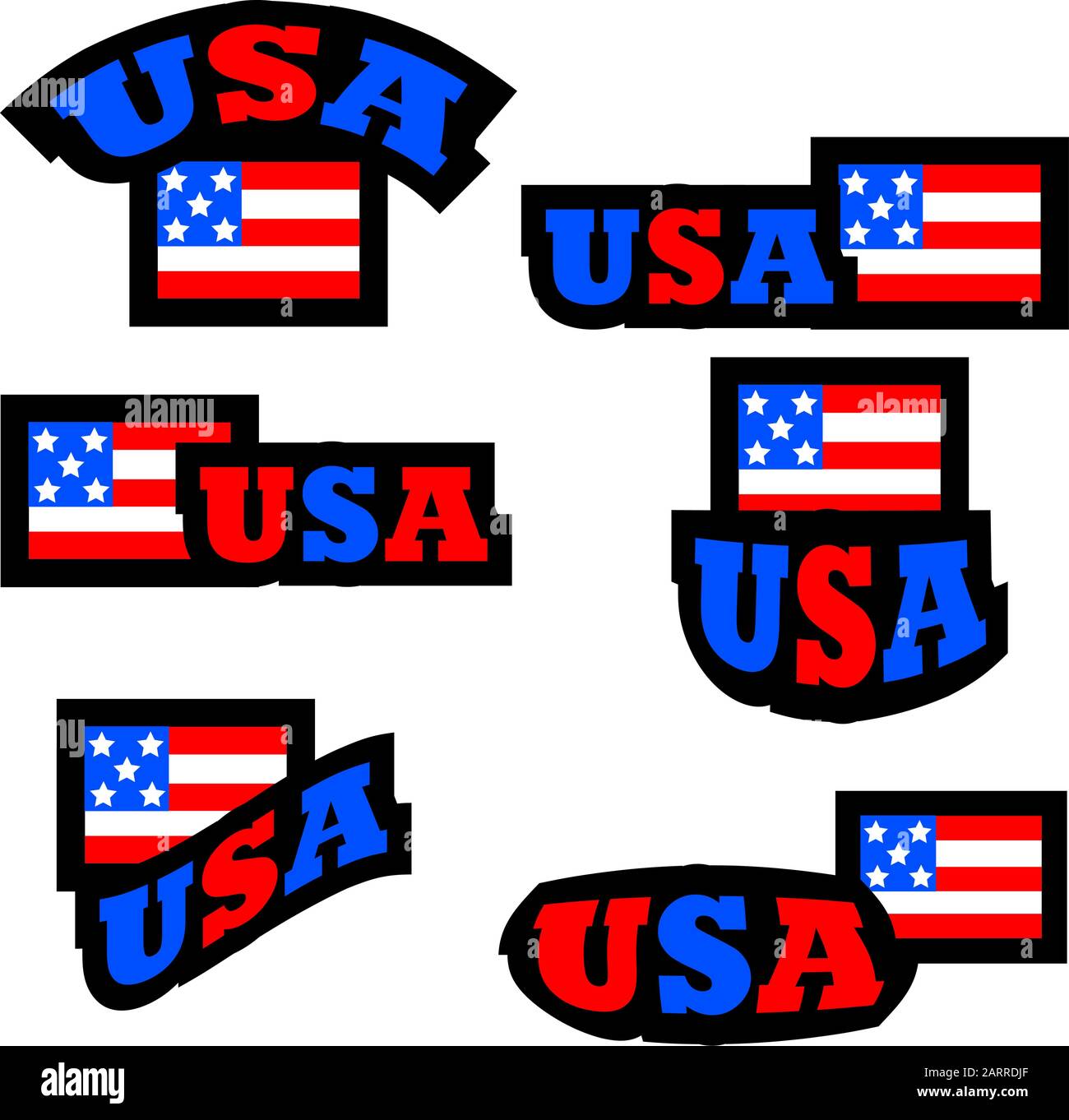 Sammlung von Knöpfen und Abzeichen mit stilisierter amerikanischer Flagge gepaart mit dem Wort USA Stock Vektor