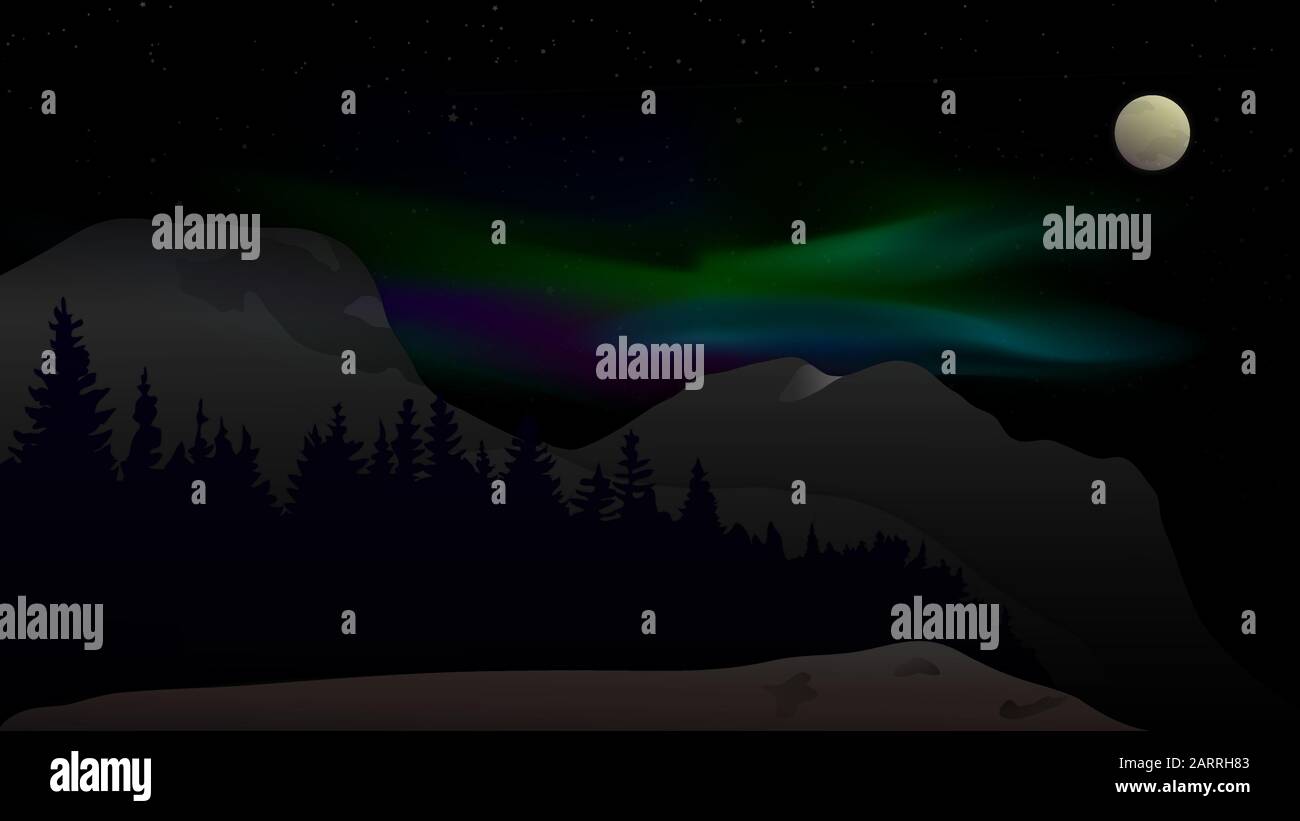 Nachtlandschaft mit Waldbergen Mond, bunten Nordlichtern und Sternenhintergrund. Dunkle Natur im Freien, landschaftlich reizvolle Zeichnung Stock Vektor