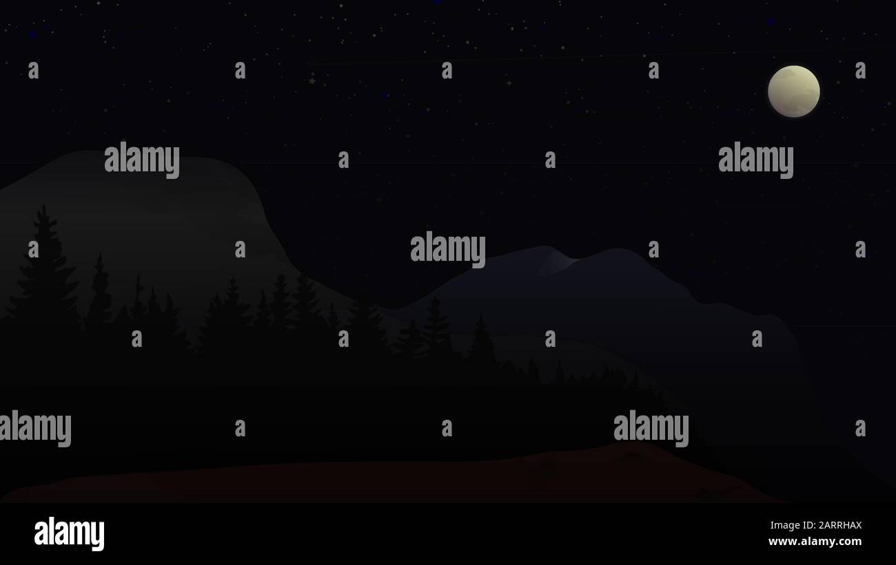 Nachtlandschaft mit Waldbergen Mond und Sternenhintergrund. Dunkles Bild Sternenhimmel Natur reisen landschaftlich schön zeichnen Stock Vektor