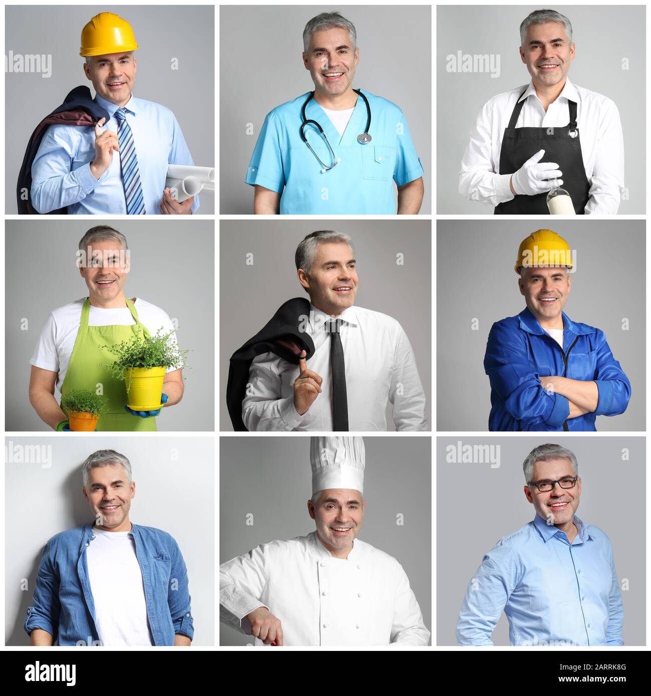 Collage mit Mann in Uniformen verschiedener Berufe auf grauem Hintergrund Stockfoto