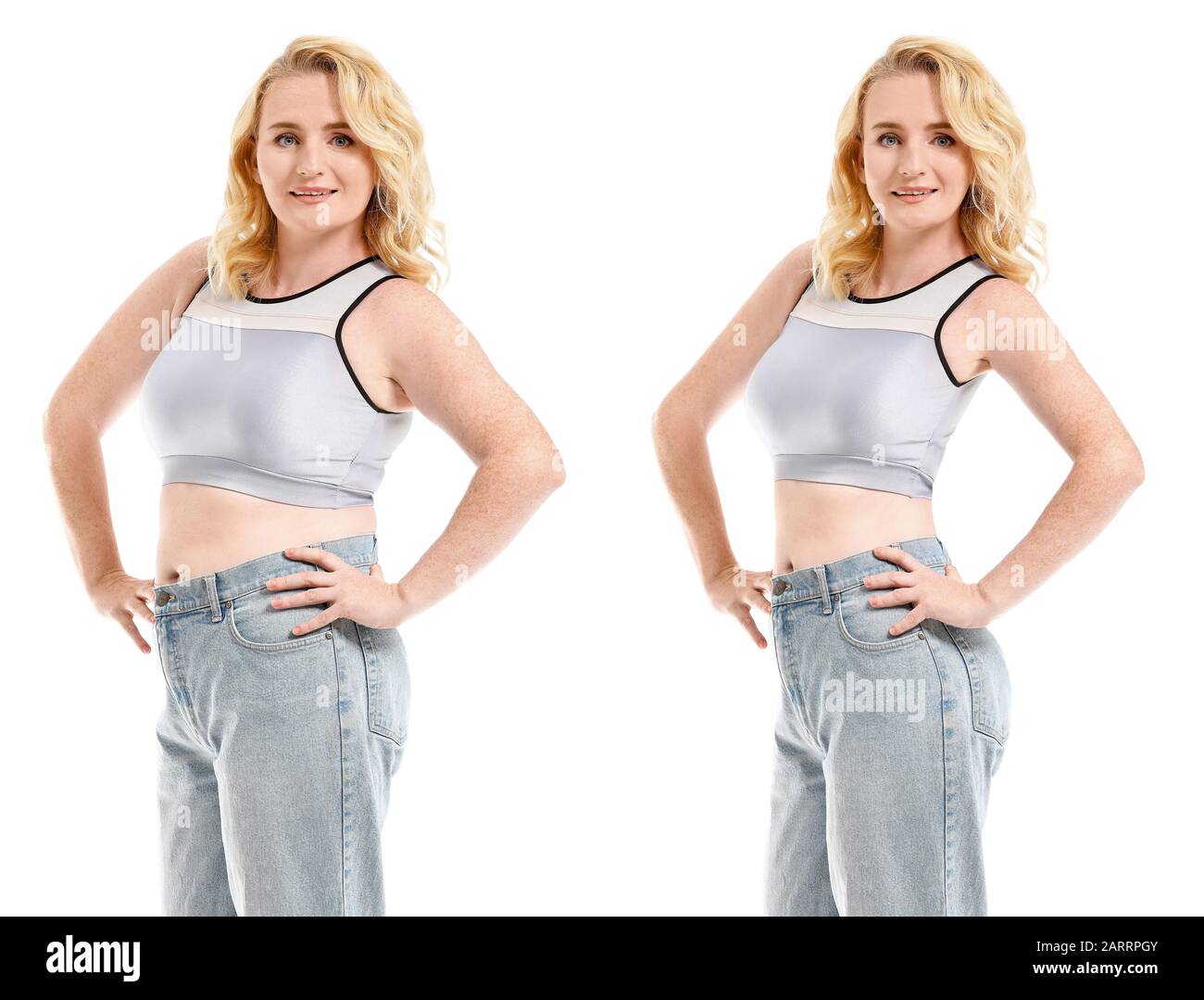 Reife Frau vor und nach Gewichtsverlust auf weißem Hintergrund Stockfoto