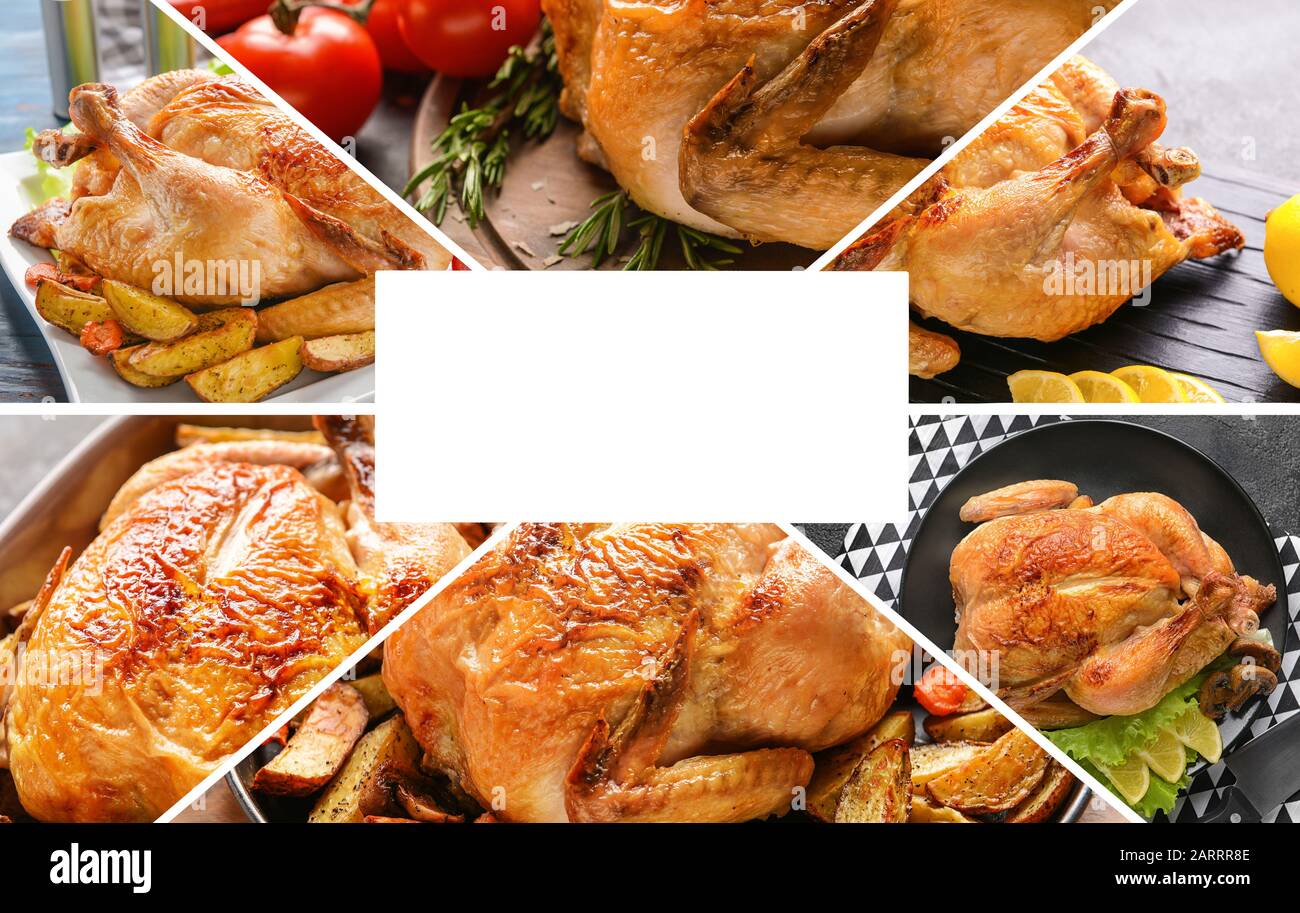 Collage von Fotos mit gebackenem Huhn und Platz für Text Stockfoto
