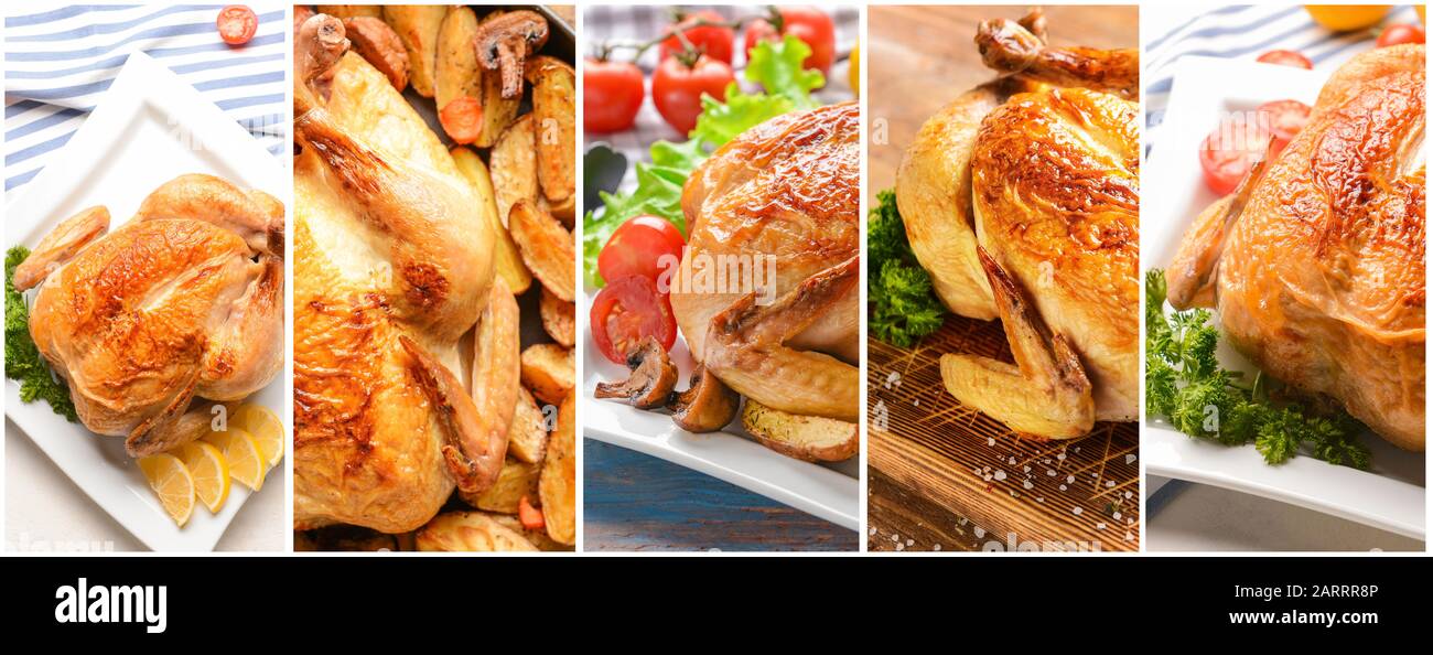 Collage von Fotos mit gebackenem Huhn Stockfoto