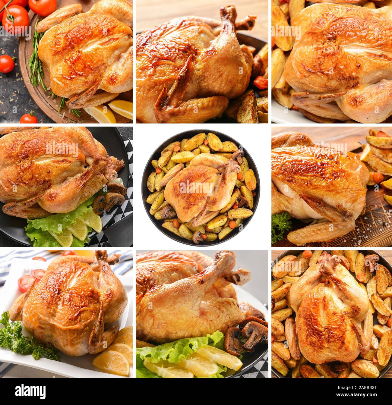 Collage von Fotos mit gebackenem Huhn und Kartoffel Stockfoto