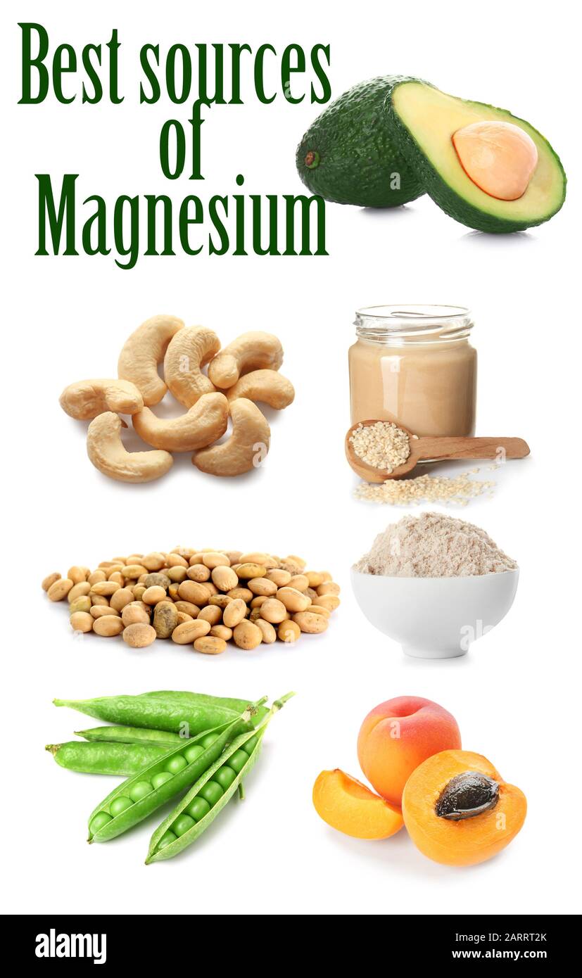 Ein Set von Produkten, die reich an Magnesium auf weißem Hintergrund sind Stockfoto
