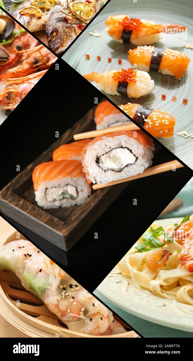 Collage von Fotos mit verschiedenen Meeresfrüchtegerichten Stockfoto