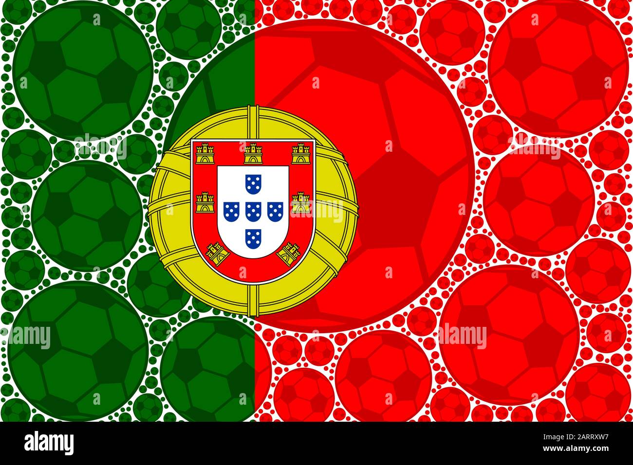 Konzeptdarstellung, die die Flagge Portugals zeigt, die aus Fußballbällen besteht Stock Vektor