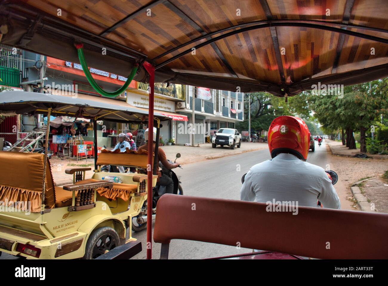 Siem Reap, Kambodscha, 12.18.2019: Blick auf ein Traditionelles Motorrad Tuk Tuk Taxi, ein beliebter Transport in Siem Reap Stockfoto