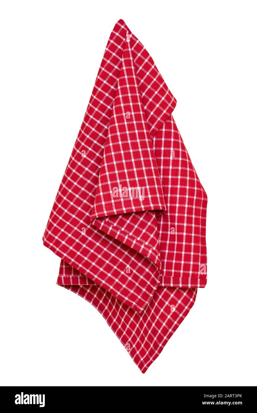 Handtücher isoliert. Nahaufnahme einer rot-weiß gekeckten Serviette oder Tischdecke, isoliert auf weißem Hintergrund. Küchenzubehör. Makrofoto Stockfoto