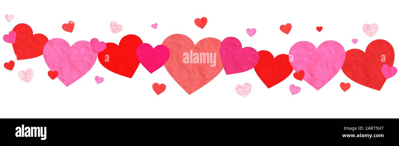 Festliches Bannerdesign mit Herzdesign. Rote, rosa Aquarellherzen auf wwwhite Hintergrund. Dekoration zum Valentinstag Stockfoto