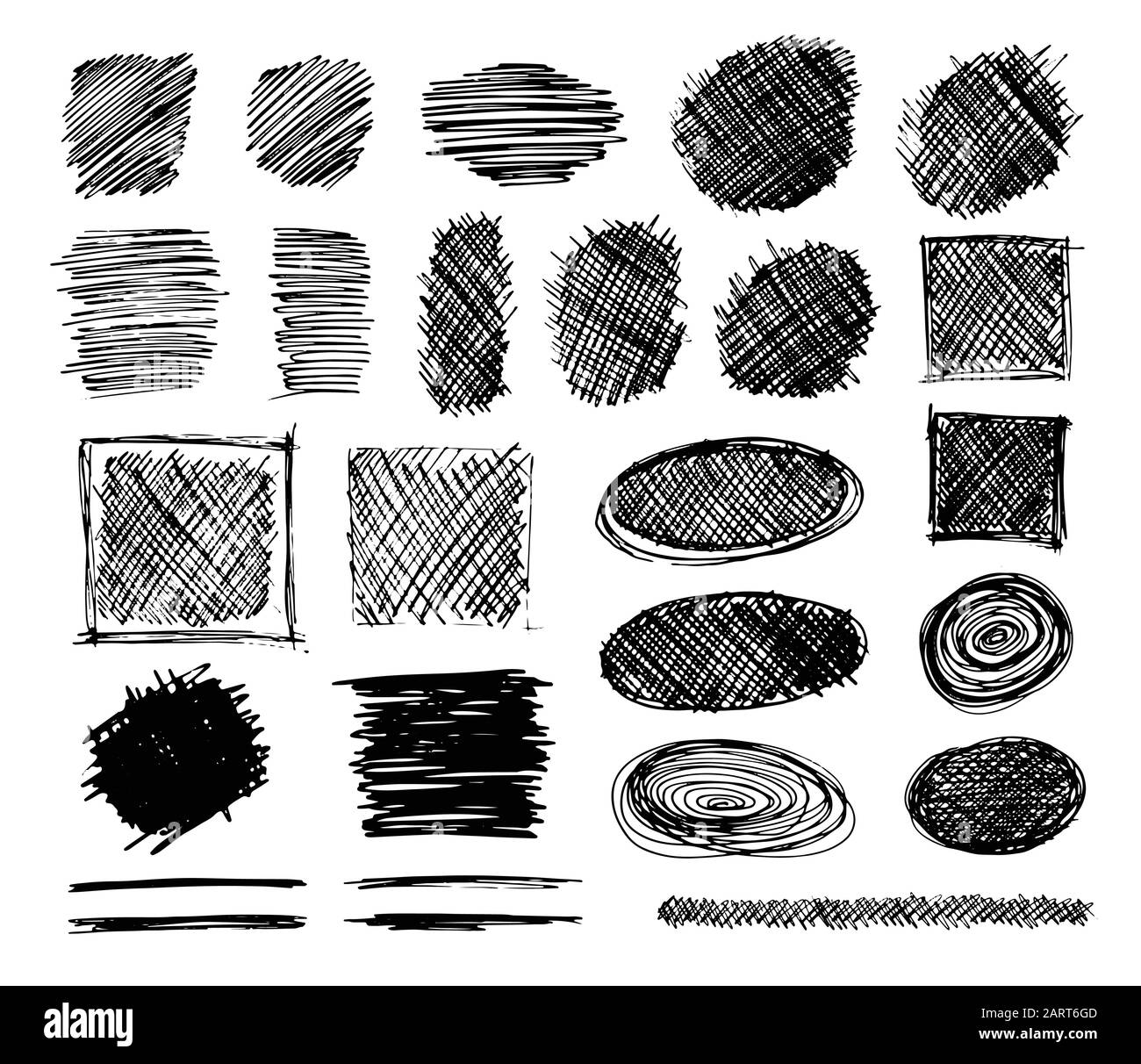 Satz handgezeichneter, auf Weiß isolierter Scribble Symbole. Skizzen im Doodle-Stil. Schattierte und schraffierte Abzeichen und Blasenformen. Monochromer Vektor eps8 desig Stock Vektor