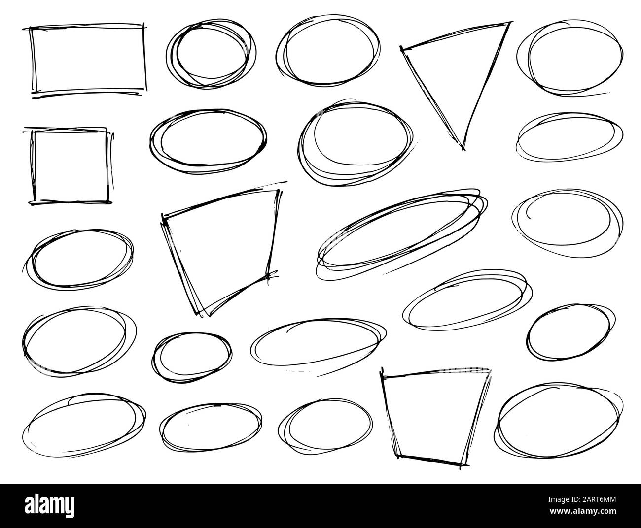 Satz handgezeichneter, auf Weiß isolierter Scribble Symbole. Abzeichen, Rahmen und Blasenformen im Doodle-Stil. Monochrome EPS8-Designelemente. Stock Vektor