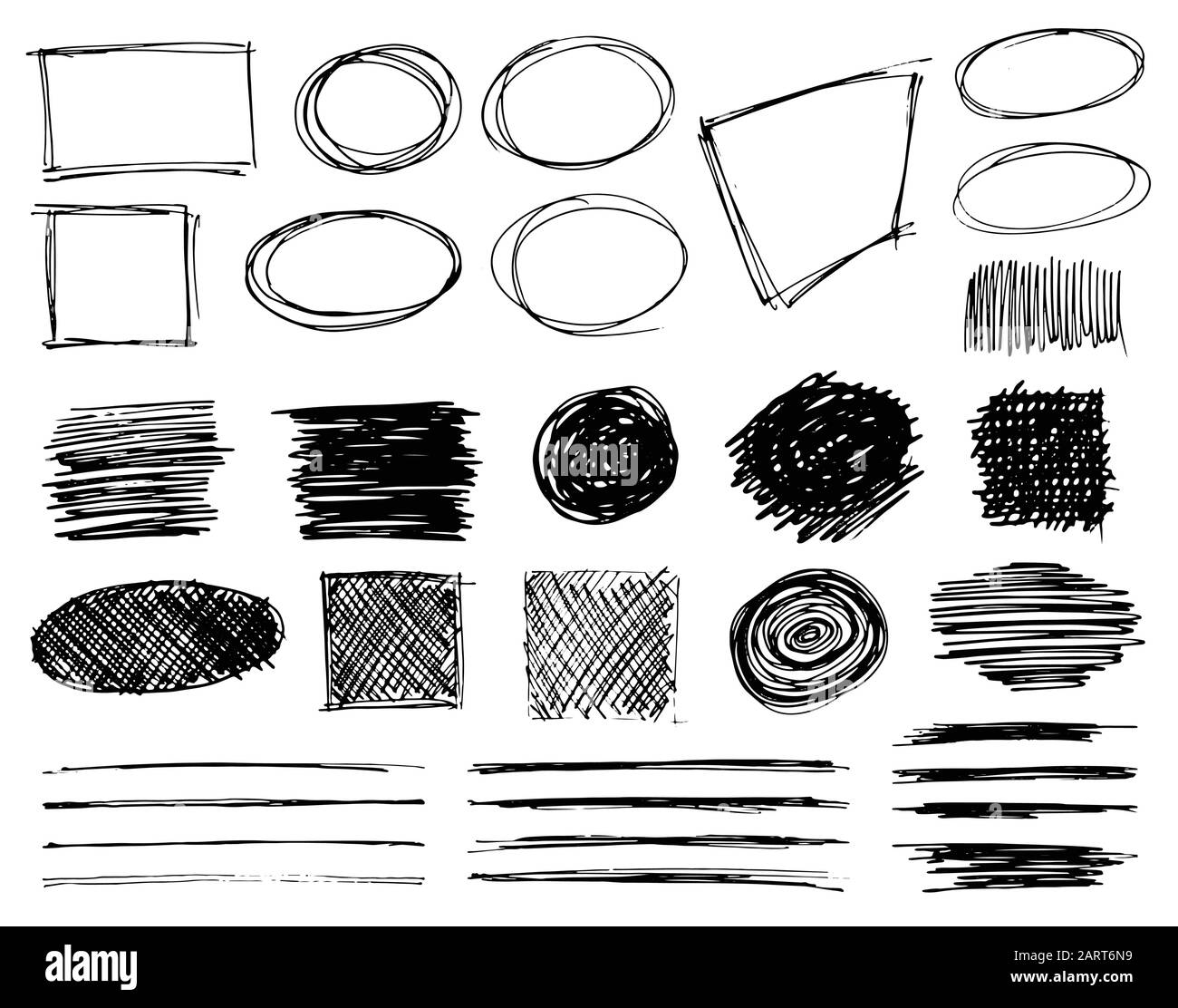 Satz handgezeichneter, auf Weiß isolierter Scribble Symbole. Im Doodle-Stil sind Rahmen, Konturen, schattierte und schraffierte Abzeichen und Blasenformen skizziert. Monochrom V Stock Vektor