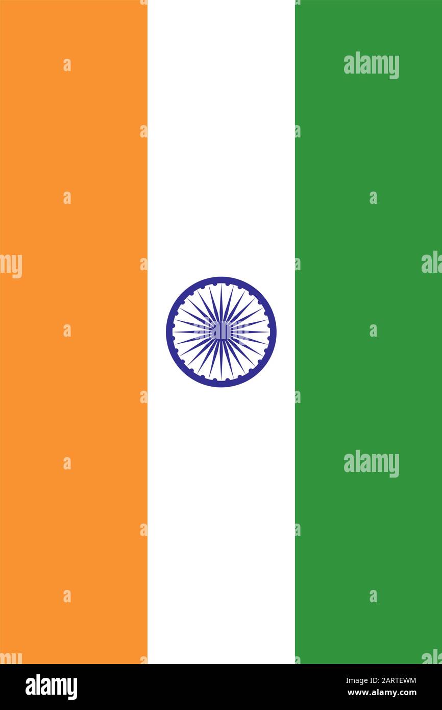 Die Nationalflaggen Indiens. Vertikale rechteckige Trikolore aus tiefem Safran, weiß und grün mit Ashoka Chakra in marineblau im Zentrum. Richtige Proportion Stock Vektor