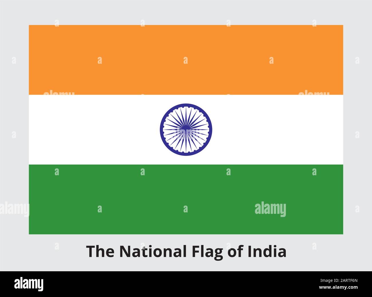 Die Nationalflaggen Indiens. Horizontale rechteckige dreifarbige Linie aus tiefem Safran, weiß und grün mit Ashoka Chakra in marineblau in der Mitte. Korrekter Anschluss Stock Vektor