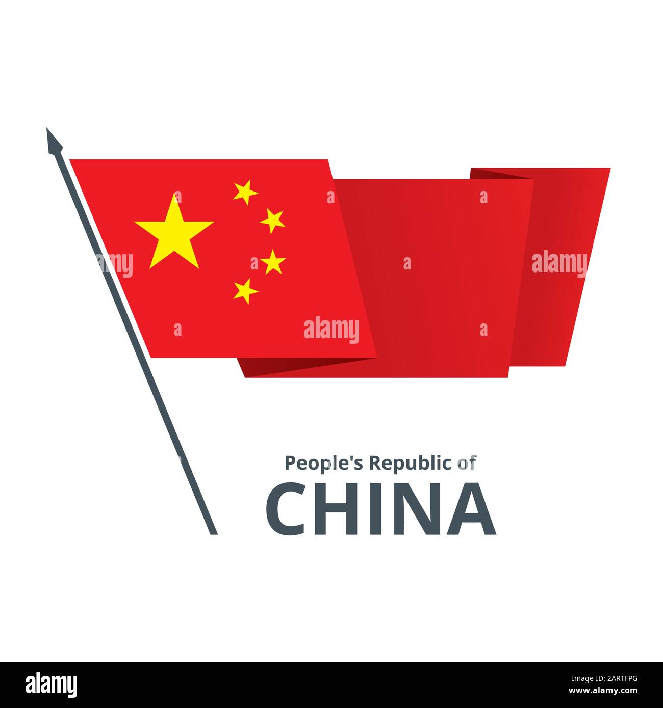 China flatternde schwenkende Flagge auf Fahnenmast. Rotes Banner mit fünf goldenen Sternen isoliert auf Weiß. Vektor eps8-Abbildung. Stock Vektor