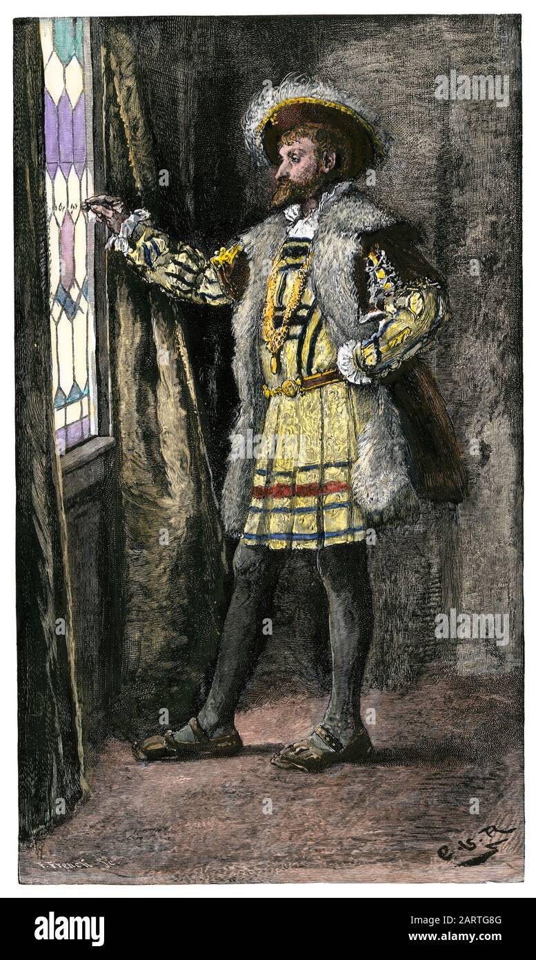 Der französische König Franziskus I. graviere Verse auf einem Fenster, während er in Spanien 1500s inhaftiert war. Handfarbener Holzschnitt Stockfoto