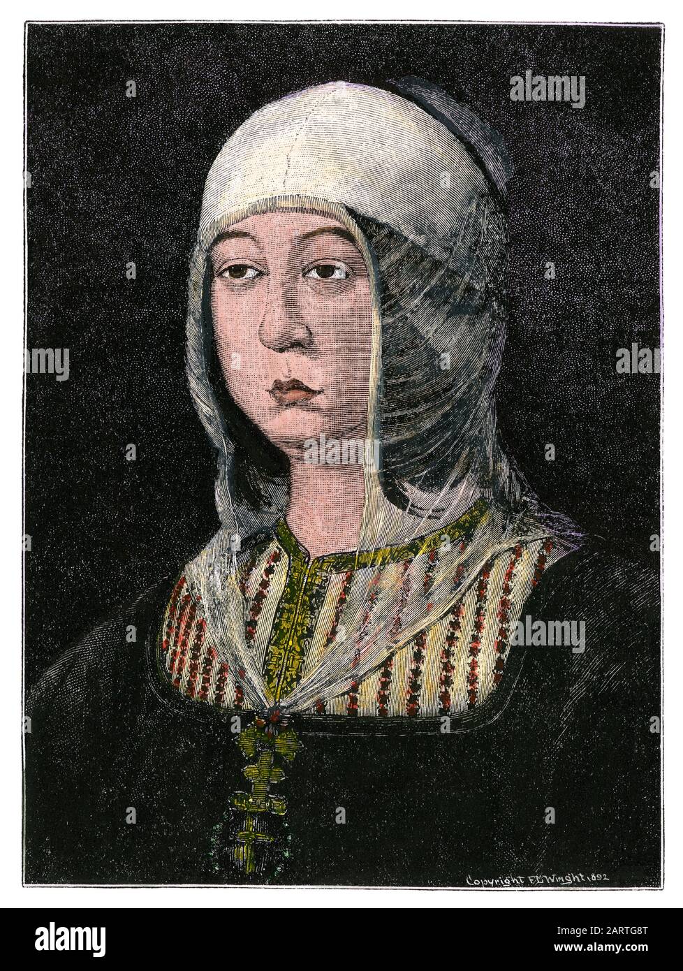 Königin Isella I. von Spanien. Handfarbener Holzschnitt eines Porträts in Burgos Stockfoto