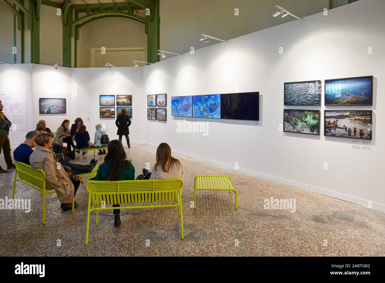 Paris - 7. NOVEMBER 2019: Pariser Foto-Kunstmesse, Ausstellung mit Fotos, Monitoren und Bänken im Grand Palais in Paris, Frankreich. Stockfoto